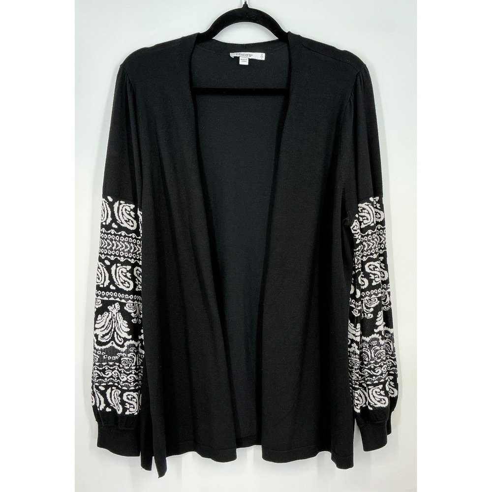 Chicos Open Front Cardigan Size L Black White Paisley Sleeve‎ Knit Boho Artsy